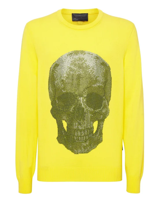 Cashmere Pullover Round Neck LS Iconic Plein with Crystals