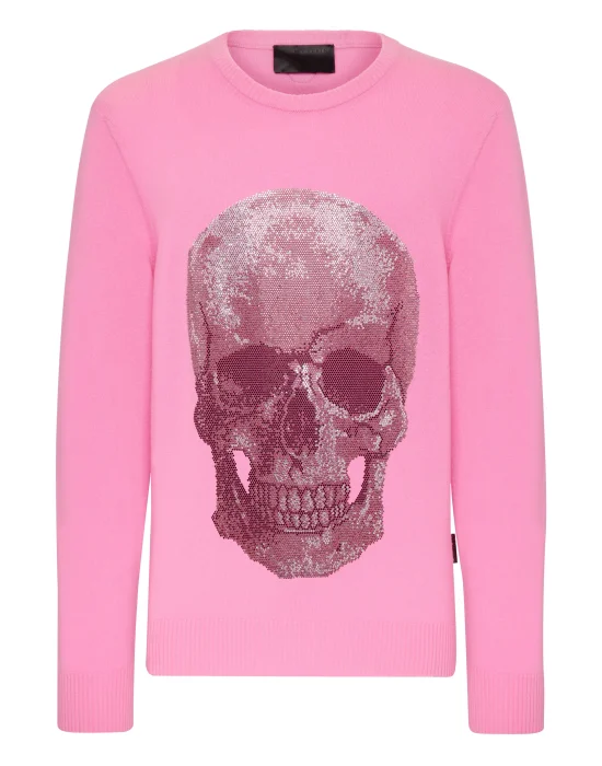 Cashmere Pullover Round Neck LS Iconic Plein with Crystals