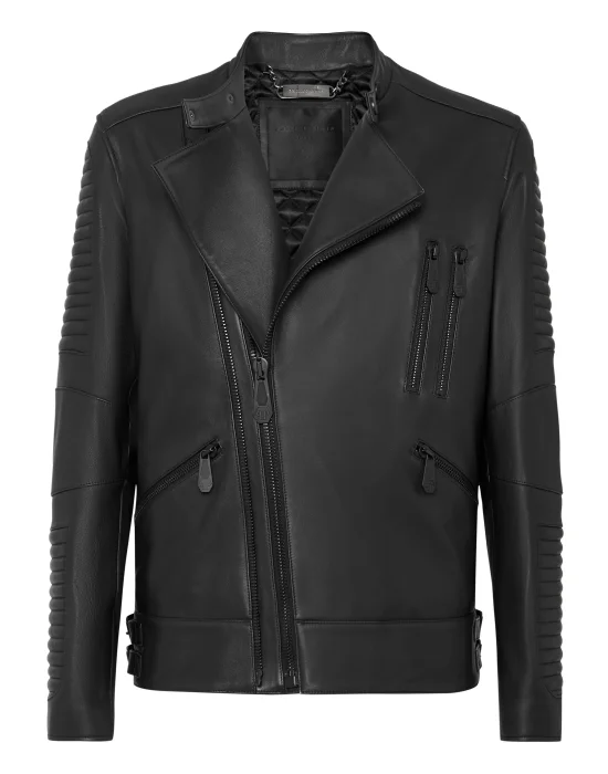 Leather Biker Jacket Crystal Skull