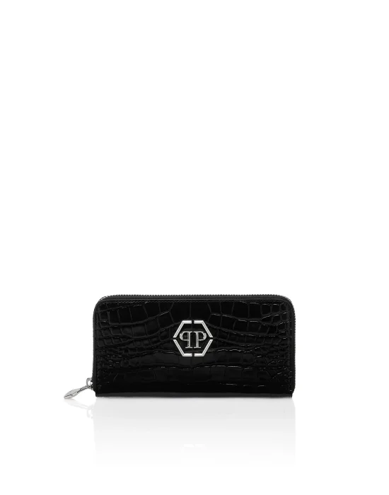 Croco Embossed Round Zip Wallet