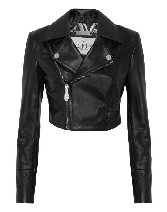 Cropped Leather Biker Jacket LS Flame Racing