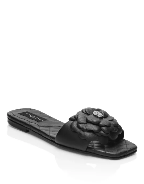Leather Flat Slides Flower
