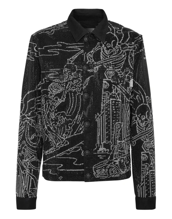 Denim Jacket Skeleton tattoo with Crystals