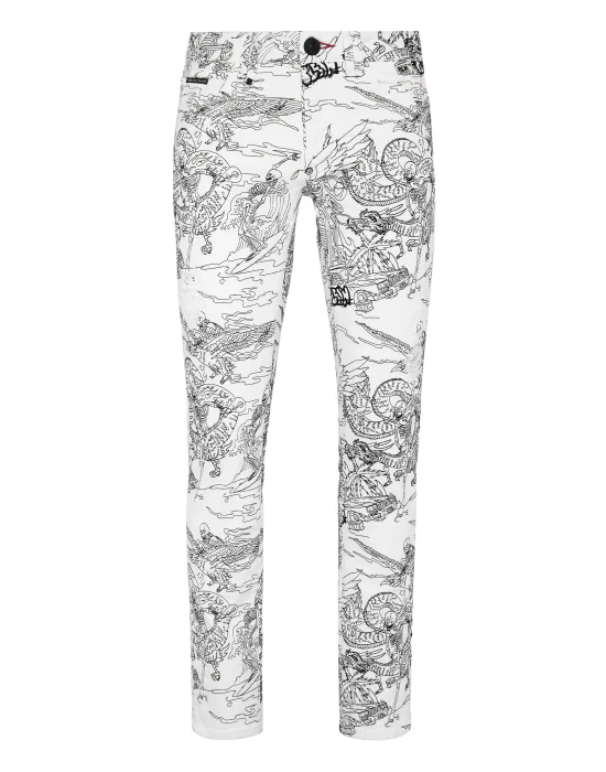 Denim Trousers Super Straight Cut Skeleton tattoo