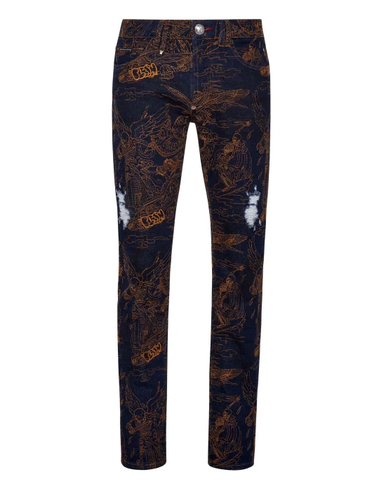 Denim Trousers Super Straight Cut Skeleton tattoo