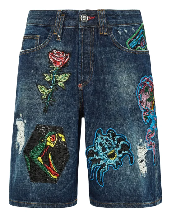 Denim Capri Shorts Destroyed Tattoo Patches