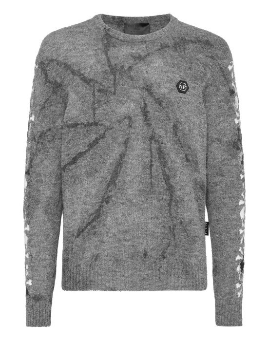 Wool Alpaca Pullover Round Neck LS Bleached Skull