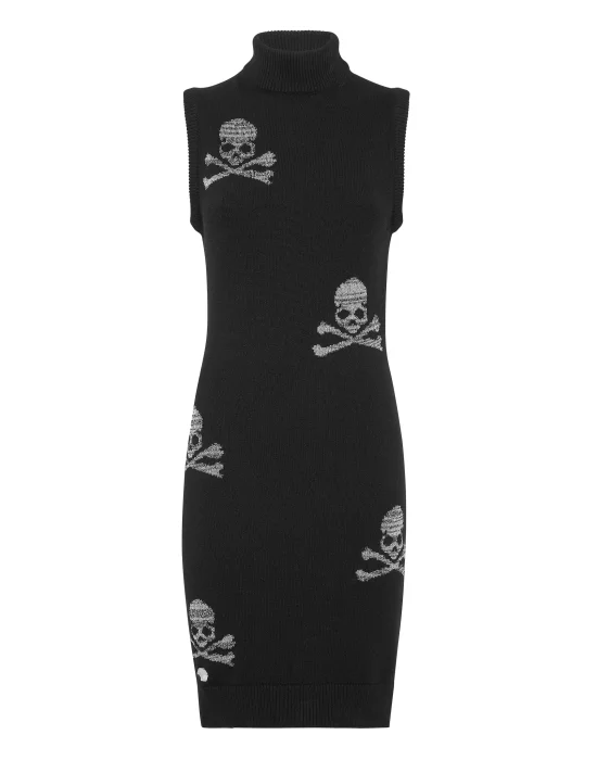 Wool Blend Knit Dress Sleevless Crystal Skull