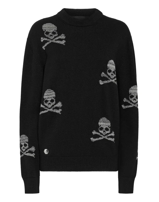 Wool Blend Pullover Round Neck LS Crystal Skull