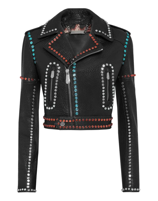 Leather Biker Cropped Crystal Stones with Crystals