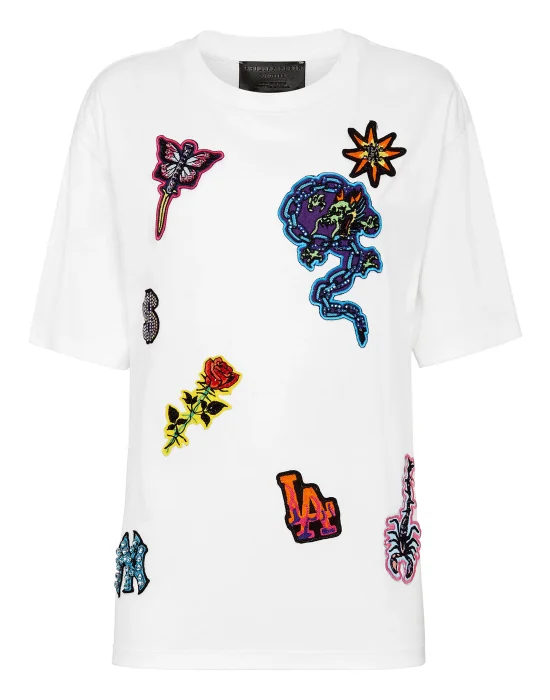 T-shirt Round Neck SS Stones Tattoo Patches with Crystals