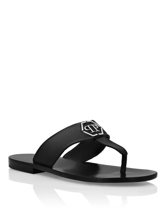 Leather Sandals Flat Crocco Print Hexagon