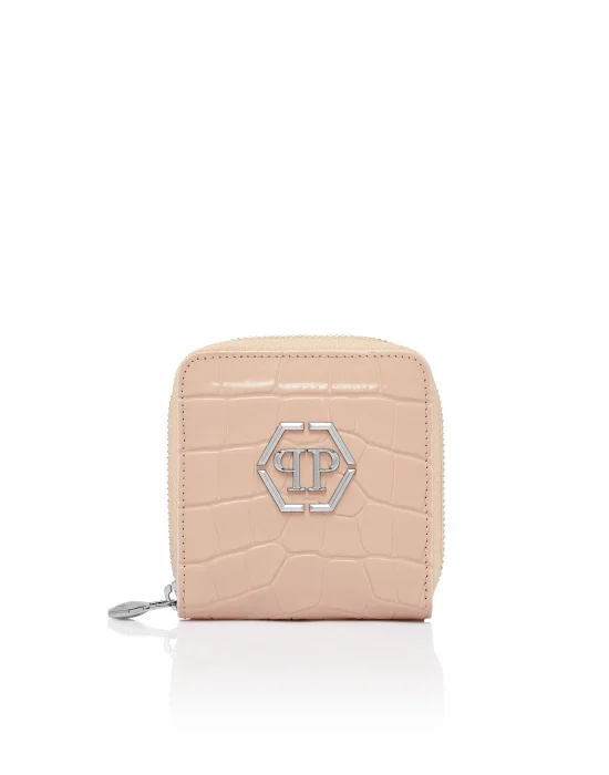 Croco Embossed Mini Round Zip Wallet