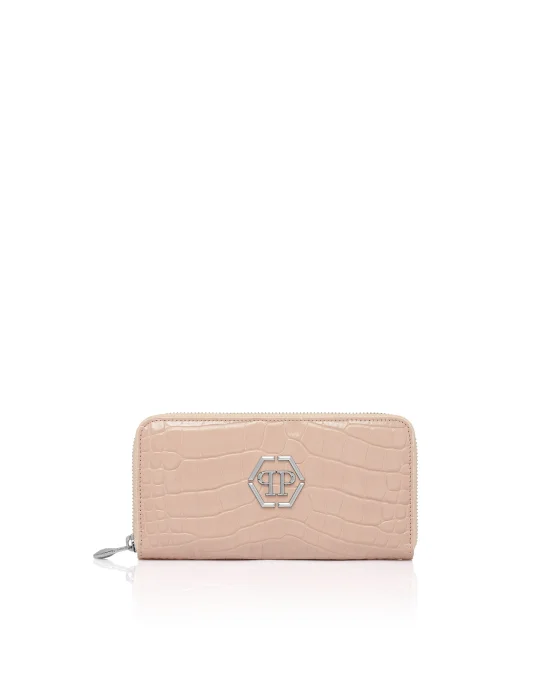 Croco Embossed Round Zip Wallet