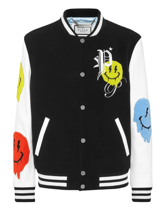 Woolen Cloth College Bomber with Leather Arms Smile