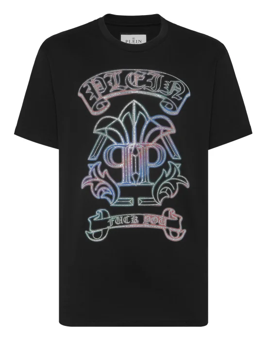 Embroidered T-shirt Round Neck SS with Crystals Gothic Banner