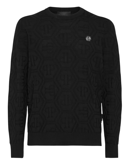 Jacquard Silk Wool Pullover Round Neck LS Monogram