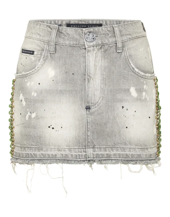 Denim Mini Skirt Rib Strass