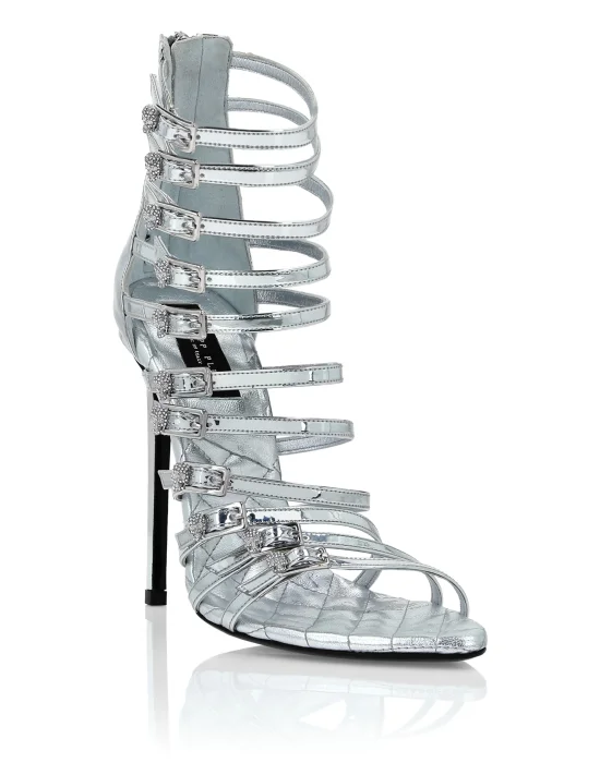 Mirror Leather Sandals High Plein Heels Skull