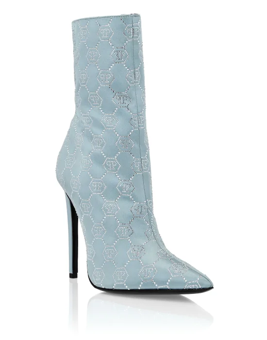Satin Boots High Heels Mid Monogram Strass