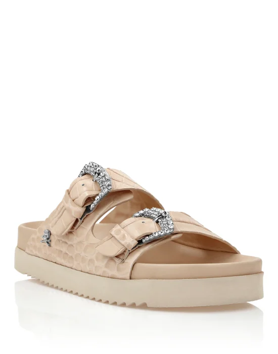 Croco Printed Leather Sandals Flat Crystal