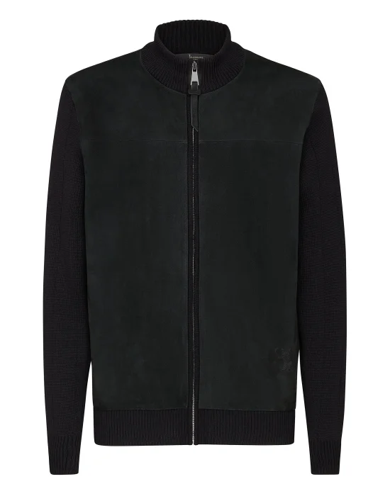 Merino wool Pullover full zip with suede Double B