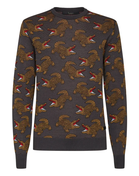 Merino wool Pullover Round Neck LS Jacquard Crocodile