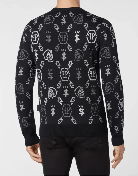 Merino wool Pullover Round Neck LS Jacquard Monogram