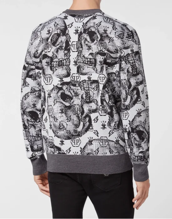 Merino wool Pullover Round Neck LS Jacquard Skull