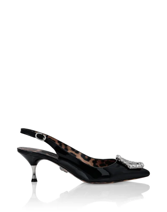 Patent Leather Slingback Low Heels Crystal Hexagon