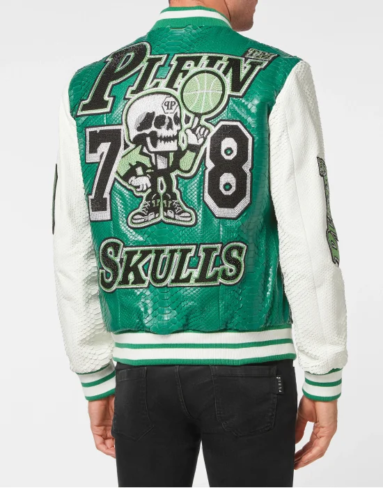 Python Leather College Jacket Basketball with Crystals