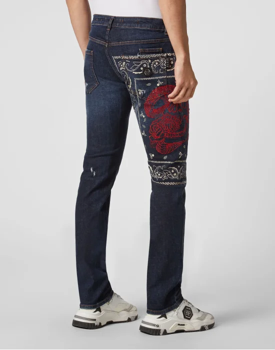 Embroidered Denim Trousers Super Straight Cut Paisley Bandana