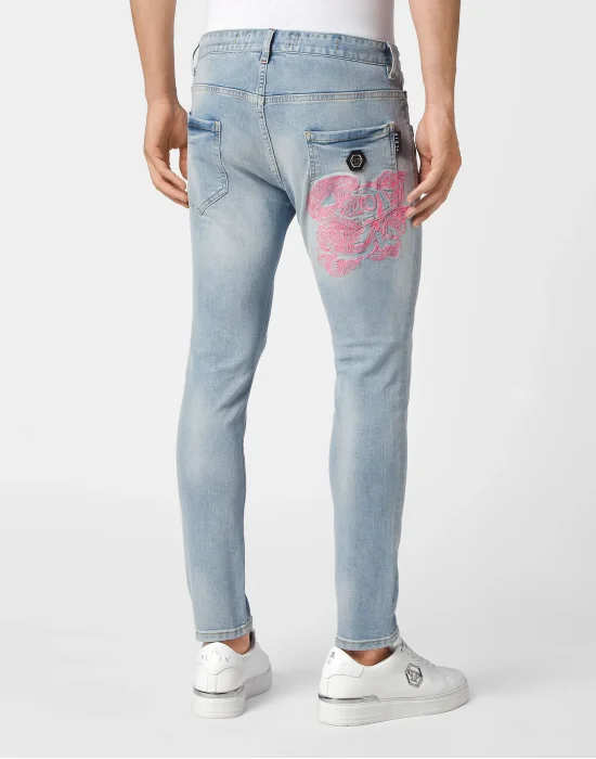 Embroidered Denim Trousers Skinny Fit Skull