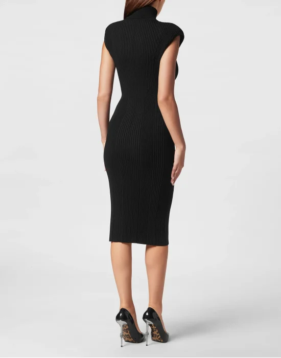 Padded Shoulder Knit Midi Dress