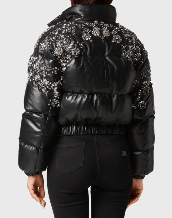 Leather Puffer Jacket Crystal