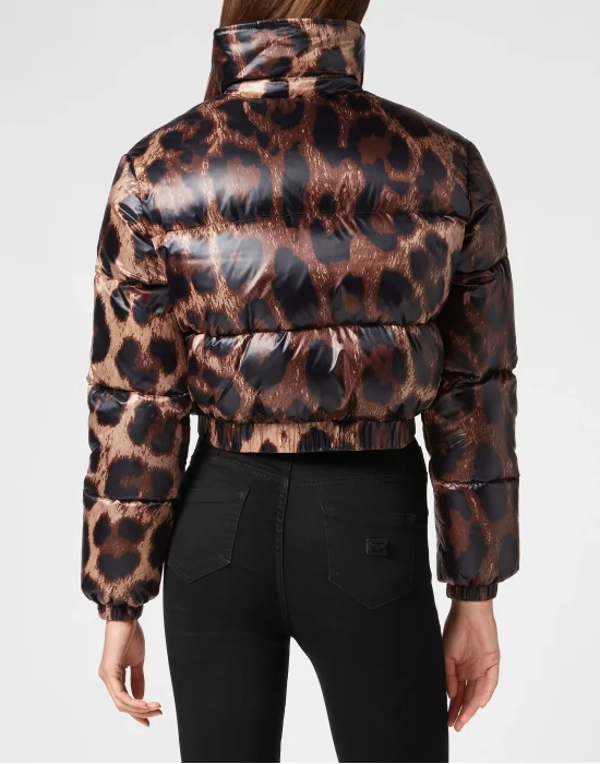 Cropped Nylon Down Jacket Leopard
