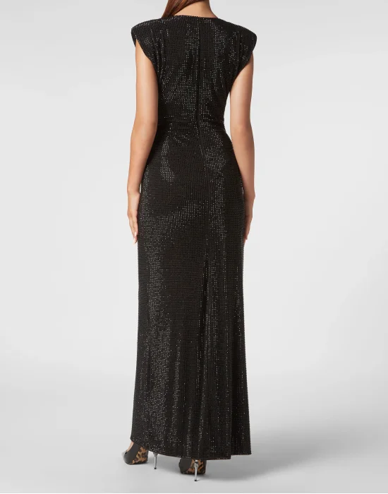 Shoulder Padded Long Dress Crystal