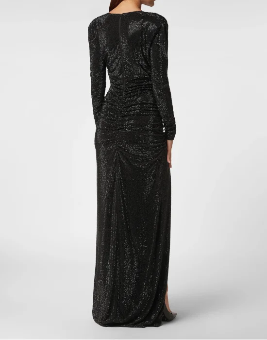 Padded Shoulder V-Neck Long Dress
