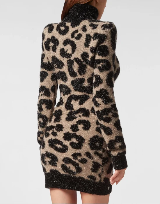 Padded Shoulder Lurex Turtleneck Dress
