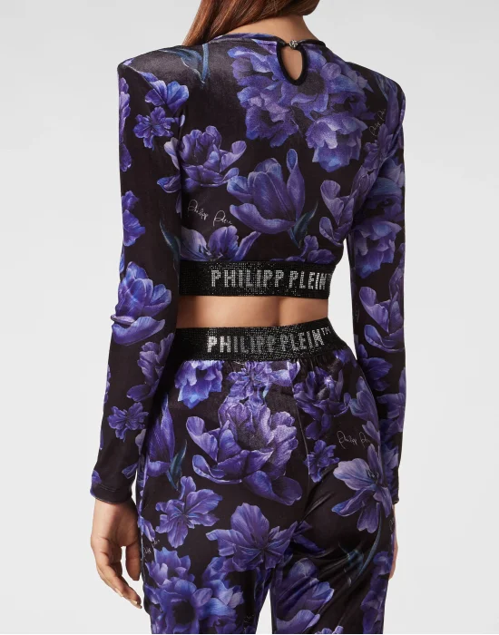 Long-sleeve Padded Shoulder Cropped Top Flowers