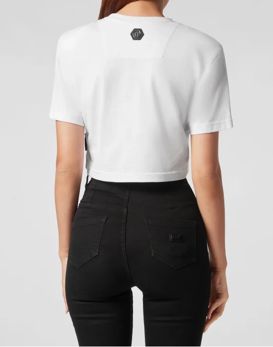 Padded Shoulder Cropped Top Flowers
