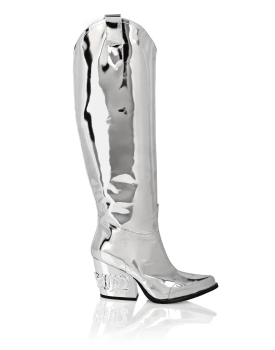 Mirror Leather Boots Low Heels High Gothic Plein