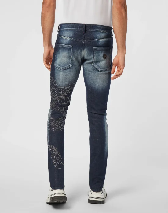 Denim Trousers Super Straight Cut Dragon Strass