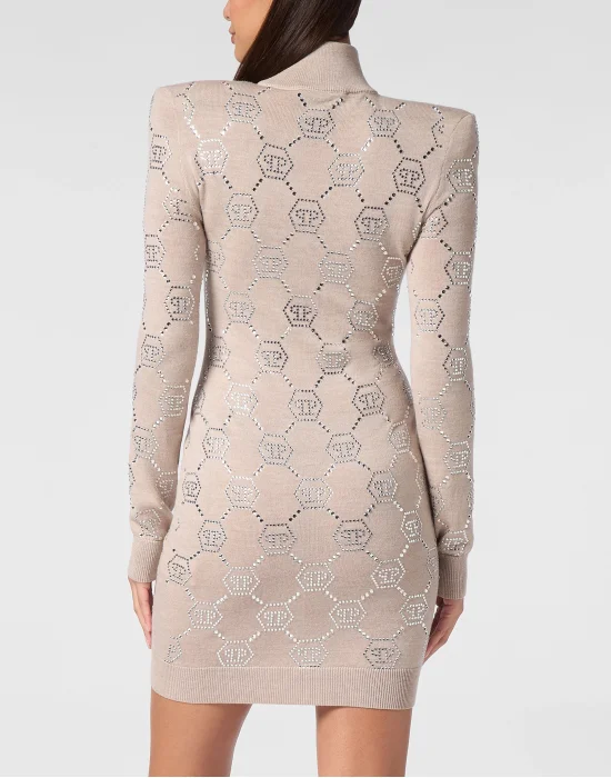 Knitted Strass Mini Dress With Padded Shoulders Monogram