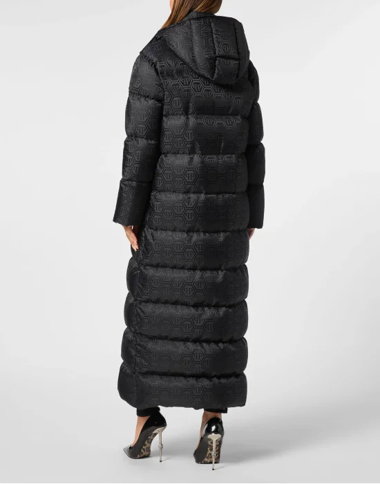 Nylon Jacquard Long Puffer Jacket Monogram