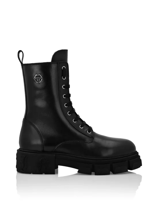 Calf Skin Leather Boots Mid Flat Hexagon