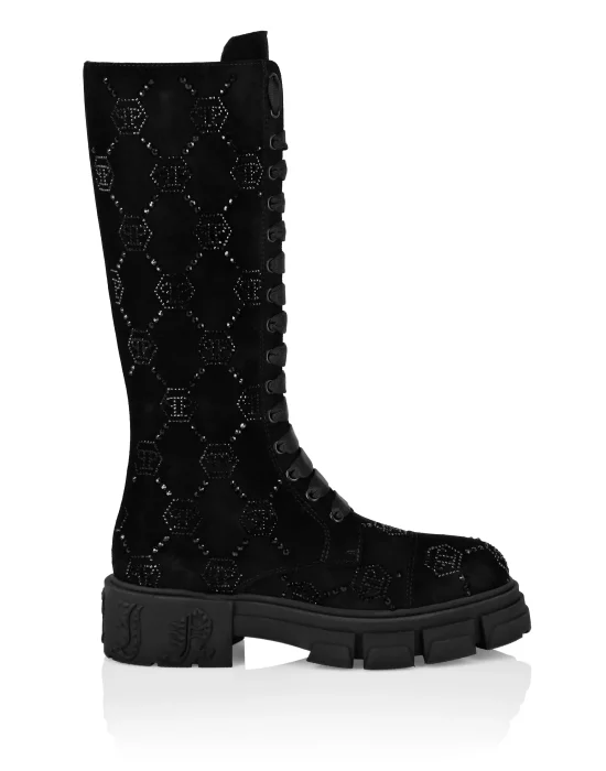 Suede Boots Flat High Strass Monogram