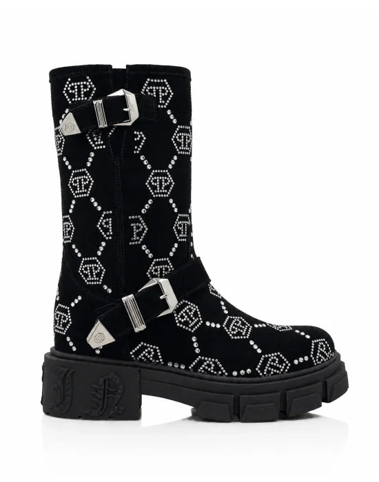 Suede Strass Boots Flat High Monogram