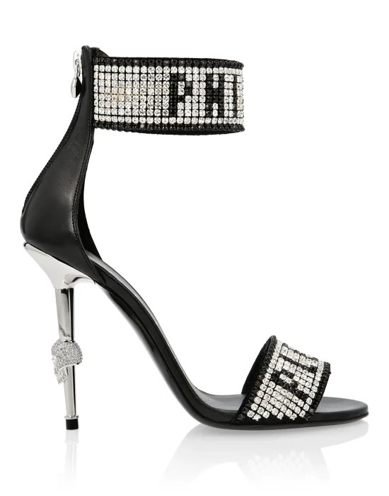 Leather Sandals High Heels Crystal Plein