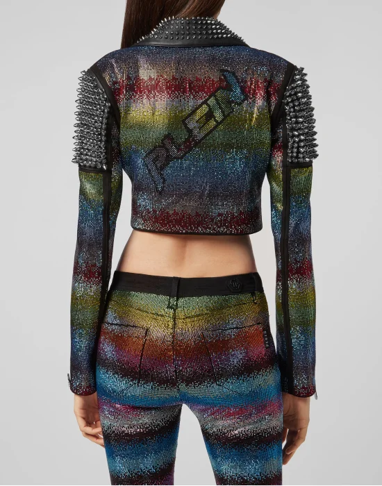 Leather Biker Rainbow Crystal